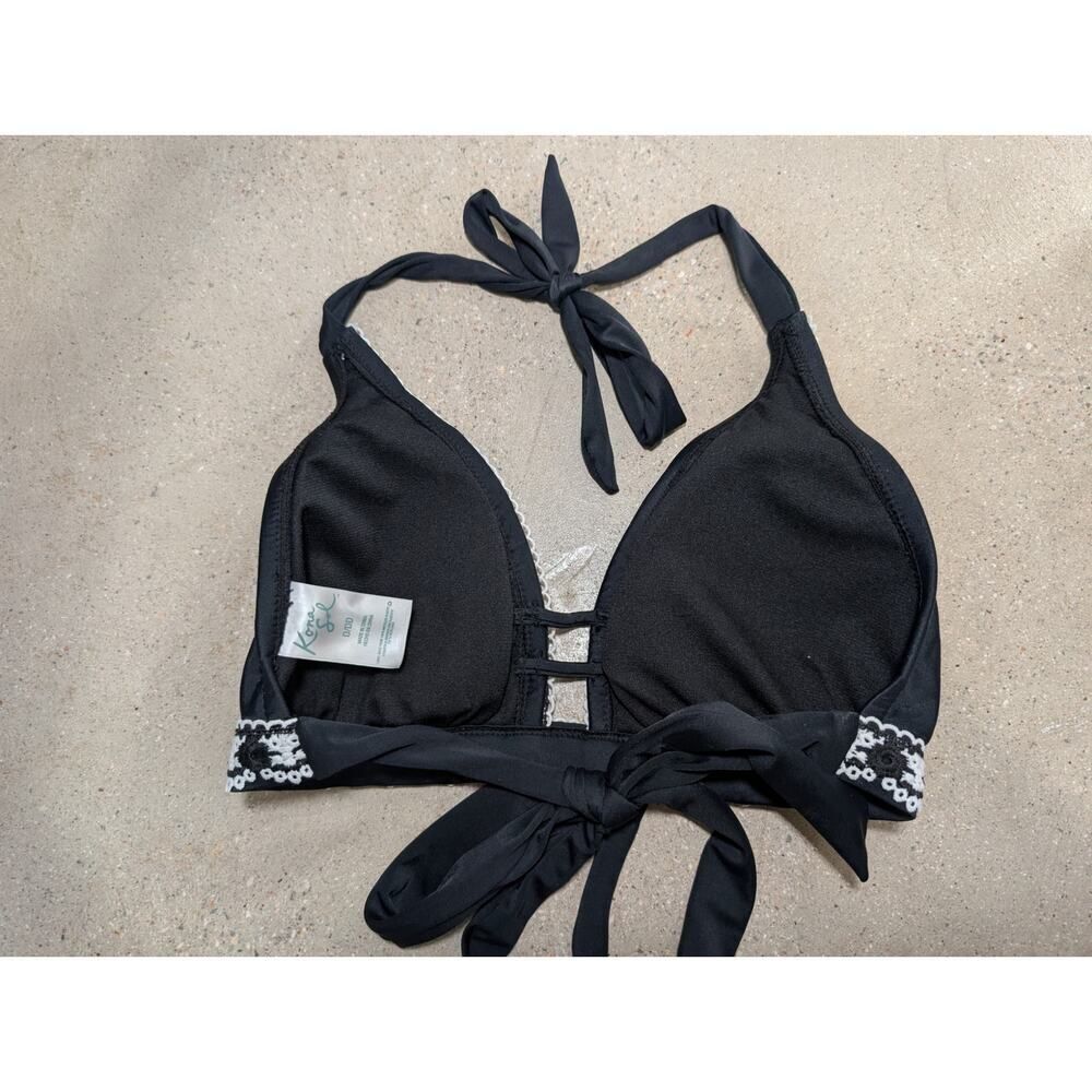Kona Sol Halter Bikini Top Womens D/DD Black Solid Crochet Trim & Blk Bottoms - Picture 4 of 7